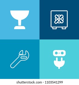 Modern, simple vector icon set on colorful background with safety, industrial, repair, service, business, glass, electric, bank, lens, steel, secure, wrench, focus, power, magnifier, energy icons
