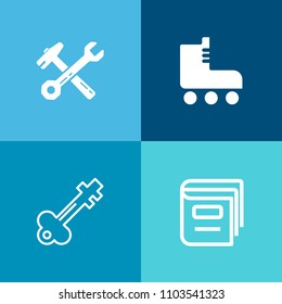 Modern, simple vector icon set on colorful background with key, hammer, sport, pliers, open, tool, house, skating, industry, iron, literature, screwdriver, old, fun, leisure, retro, bookstore icons