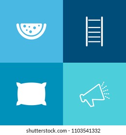 Modern, simple vector icon set on colorful background with sound, speaker, bedroom, equipment, dessert, sweet, fabric, music, power, home, staircase, comfort, fresh, construction, up, object icons