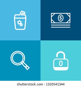 Modern, simple vector icon set on colorful background with find, safety, ice, financial, search, juice, money, dollar, water, drink, currency, fresh, background, concept, cocktail, security, web icons