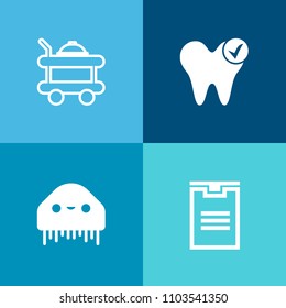 Modern, simple vector icon set on colorful background with ufo, transportation, monster, oral, medical, dental, tooth, science, food, sign, hotel, fiction, beverage, healthy, dentistry, tray icons
