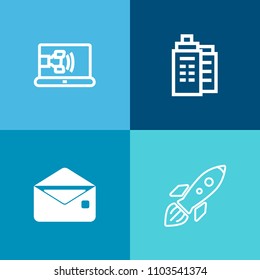 Modern, simple vector icon set on colorful background with message, technology, astronaut, call, center, flight, connection, spaceship, letter, travel, construction, customer, envelope, web icons