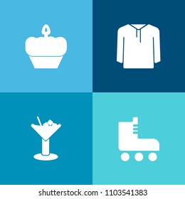 Modern, simple vector icon set on colorful background with lime, alcohol, wear, fun, drink, style, leisure, ice, cookie, bread, roller, cocktail, glass, lemon, doughnut, activity, food, shirt icons