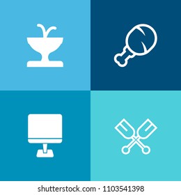 Modern, simple vector icon set on colorful background with meat, fountain, computer, pc, old, rowing, landmark, menu, boat, fast, fried, screen, chicken, sculpture, monitor, burger, oar, wooden icons