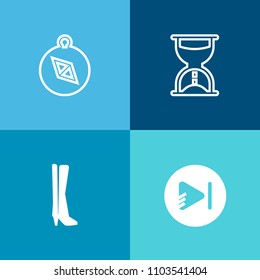 Modern, simple vector icon set on colorful background with compass, time, media, star, multimedia, countdown, shoe, navigation, clock, glass, nautical, hourglass, button, sand, travel, south icons