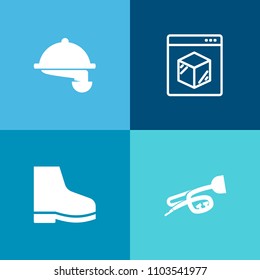 Modern, simple vector icon set on colorful background with shipping, sport, food, cargo, waiter, trumpet, package, waitress, meal, female, music, business, restaurant, internet, cafe, freight icons