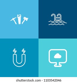 Modern, simple vector icon set on colorful background with resort, sign, internet, sun, swimming, saw, work, travel, repair, force, network, web, pool, water, attraction, education, weather icons