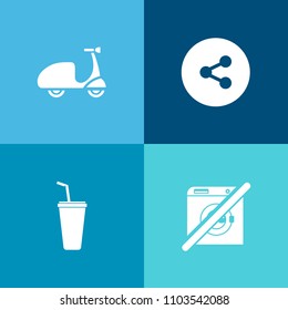 Modern, simple vector icon set on colorful background with bicycle, sport, care, cold, glass, button, internet, biking, black, leisure, ride, label, cyclist, wash, beverage, information, healthy icons