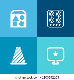 Modern, simple vector icon set on colorful background with white, street, highway, shape, ball, sign, cooker, energy, road, transportation, play, game, teddy, kitchen, bear, heat, duck, car, toy icons