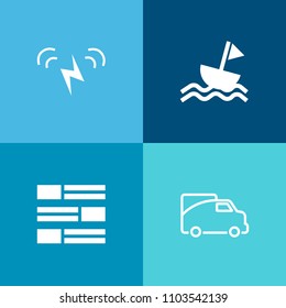 Modern, simple vector icon set on colorful background with vehicle, white, yacht, television, road, electricity, ocean, sailboat, delivery, oil, sail, energy, boat, news, environment, newspaper icons