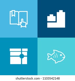 Modern, simple vector icon set on colorful background with ball, gift, baby, water, animal, computer, christmas, play, read, object, duck, toy, library, holiday, present, white, sea, ocean, fish icons