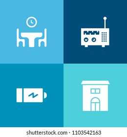 Modern, simple vector icon set on colorful background with building, food, technology, web, full, modern, half, equipment, house, charger, construction, electricity, business, media, sitting icons