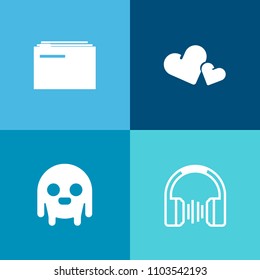 Modern, simple vector icon set on colorful background with card, holiday, technology, business, music, science, earphone, file, paper, heart, shape, archive, data, information, romantic, romance icons