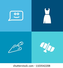 Modern, simple vector icon set on colorful background with chat, shuttle, instrument, technology, beauty, tool, construction, science, equipment, star, girl, wrench, exploration, dress, earth icons