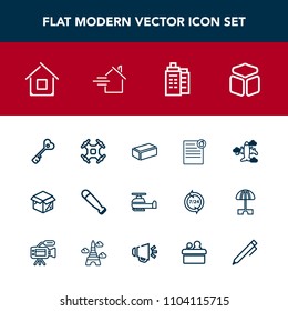 Modern, simple vector icon set with aerial, door, bat, airplane, security, document, transport, property, drone, construction, estate, cube, house, education, pencil, package, contract, baseball icons