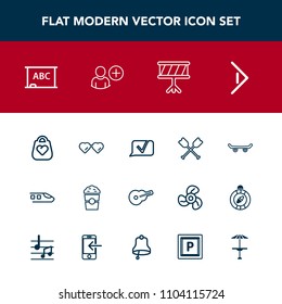 Modern, simple vector icon set with black, cafe, background, leather, music, oar, sound, arrow, paddle, canoe, skater, sun, guitar, white, communication, skateboard, fashion, object, drink, cup icons
