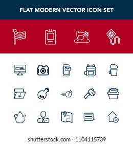 Modern, simple vector icon set with sky, summer, laboratory, america, joy, man, technology, web, photographer, national, email, website, tool, rucksack, flag, bar, modern, fashion, equipment icons