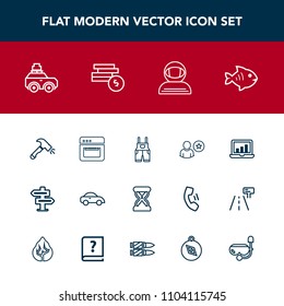 Modern, simple vector icon set with uniform, doorknob, spacesuit, vehicle, astronaut, kitchen, seafood, transportation, work, time, computer, hanger, fish, white, chart, travel, laptop, hour icons