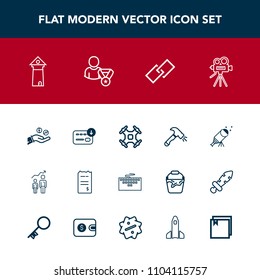 Modern, simple vector icon set with movie, bag, web, shovel, laptop, money, construction, keyboard, tower, bill, architecture, aerial, equipment, hand, paper, success, tripod, camera, computer icons