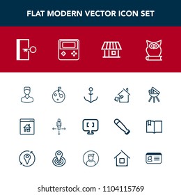 Modern, simple vector icon set with exit, business, barbecue, bird, planet, helm, pc, cooking, travel, estate, escape, profile, house, avatar, internet, flag, meat, computer, animal, bbq, web icons