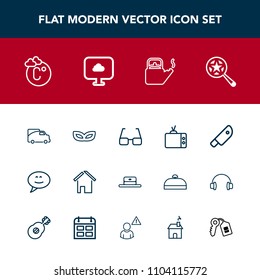 Modern, simple vector icon set with transportation, fahrenheit, celebration, cap, knife, kitchen, traffic, party, hot, find, food, head, video, eyeglasses, carnival, tv, eye, kettle, hat, van icons