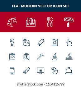 Modern, simple vector icon set with medical, frame, scale, balance, tag, paint, magician, roll, fork, weight, travel, bag, pin, pencil, magic, kitchen, machine, mobile, hand, tool, measurement icons