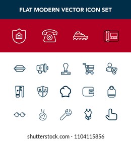 Modern, simple vector icon set with online, transport, chef, office, health, stamp, security, lettuce, clean, announcement, brush, speaker, megaphone, sea, uniform, boat, phone, hygiene, shop icons