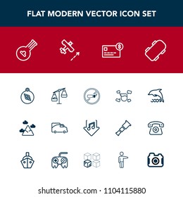 Modern, simple vector icon set with instrument, landscape, transportation, traffic, measurement, bank, transport, animal, addiction, east, south, direction, nature, balance, van, scale, mountain icons