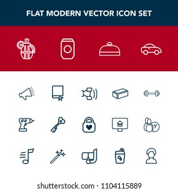 Modern, simple vector icon set with brick, house, machine, loud, loudspeaker, weapon, book, telephone, security, drill, speaker, key, war, technology, grenade, material, object, construction icons