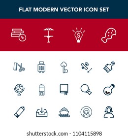 Modern, simple vector icon set with coin, light, professional, snack, hairdresser, , fast, flight, hotel, money, meal, education, metal, bar, hair, aircraft, airport, table, globe, bank, vintage icons