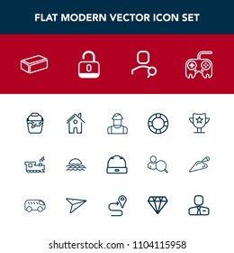 Modern, simple vector icon set with pool, landscape, brick, win, nature, fashion, transport, building, material, container, train, water, person, technology, success, account, hat, button, web icons
