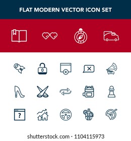 Modern, simple vector icon set with war, south, click, vintage, light, open, music, page, traffic, book, van, style, background, replacement, gramophone, spotlight, fashion, vehicle, east, retro icons
