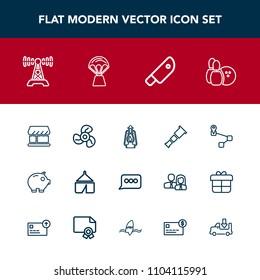 Modern, simple vector icon set with adventure, lamp, nature, metal, cool, game, finance, air, money, sign, electric, map, economy, cash, tent, technology, chat, telescope, space, shop, lantern icons