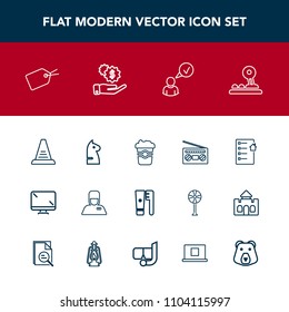 Modern, simple vector icon set with monitor, cup, record, brush, music, service, profile, drink, radio, real, care, up, bellhop, hospitality, strategy, internet, arrow, digital, horse, sound icons