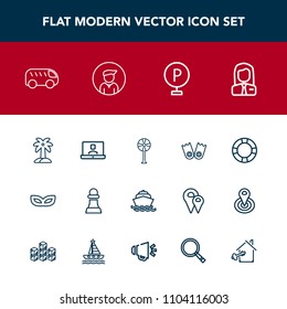 Modern, simple vector icon set with cooler, highway, left, internet, palm, leaf, nature, underwater, electric, boat, air, celebration, masquerade, strategy, yacht, people, ring, car, horse, sea icons