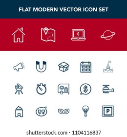 Modern, simple vector icon set with field, day, orbit, barbecue, planet, transport, tower, car, loudspeaker, medieval, clock, cooking, delivery, grill, home, watch, pole, astronomy, laptop, new icons