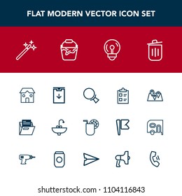 Modern, simple vector icon set with building, sink, light, bin, paper, recycling, mark, magician, electricity, folder, find, search, travel, tick, water, summer, bathroom, magic, checklist, map icons