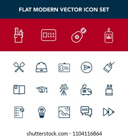 Modern, simple vector icon set with identity, graduation, open, message, water, identification, tv, cap, boat, oar, guitar, web, equipment, id, paper, communication, college, education, retro icons
