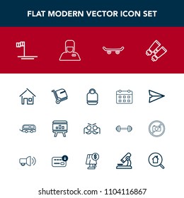 Modern, simple vector icon set with bag, home, board, leather, holiday, chart, airport, blue, beach, search, communication, spy, vision, infographic, calendar, email, timetable, internet, skate icons