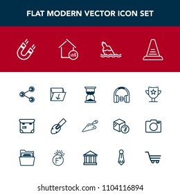 Modern, simple vector icon set with magnetic, social, concept, clean, professional, ladder, rubbish, stereo, up, estate, time, sound, garbage, hourglass, sign, field, shovel, bottle, drink, win icons