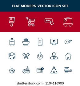 Modern, simple vector icon set with product, trolley, oar, paddle, music, white, business, guitar, button, infographic, food, boat, package, astronaut, airport, cart, template, travel, musical icons