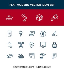Modern, simple vector icon set with dessert, tag, bill, clinic, water, price, screwdriver, ice, house, cream, hammer, construction, radio, ball, new, circle, business, tv, operation, music, view icons