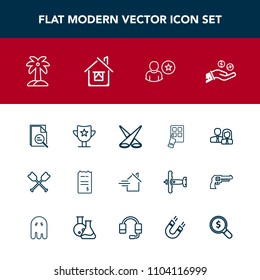 Modern, simple vector icon set with staff, spotlight, tool, paper, tropical, financial, technology, canoe, team, profile, modern, finance, home, rent, nature, mobile, summer, water, worker, coin icons