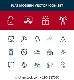 Modern, simple vector icon set with bell, camp, watch, timer, bear, hour, play, vehicle, clock, giftbox, infographic, transport, travel, present, game, gift, package, technology, time, audio icons