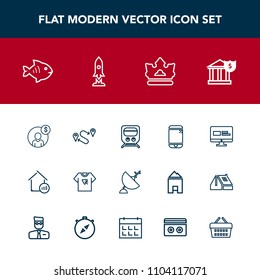 Modern, simple vector icon set with touchscreen, cell, business, transportation, estate, finance, transport, dish, destination, financial, sea, white, seafood, crown, antenna, web, royal, print icons