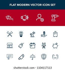 Modern, simple vector icon set with holiday, suitcase, tree, boat, lamp, sale, shiny, palm, present, shop, travel, ribbon, water, lightbulb, nature, account, gift, summer, bulb, work, falling icons