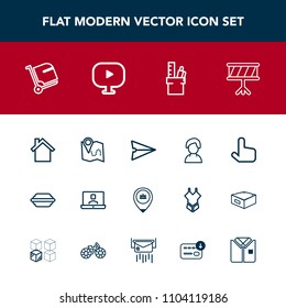 Modern, simple vector icon set with hamburger, road, map, bun, telephone, musical, pin, shirt, tshirt, equipment, pointer, message, technology, video, web, instrument, human, profile, job, media icons