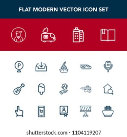Modern, simple vector icon set with dessert, cargo, sweet, building, male, lot, van, musical, urban, guitar, web, ice, house, business, box, railway, , sign, satellite, book, cream, transport icons