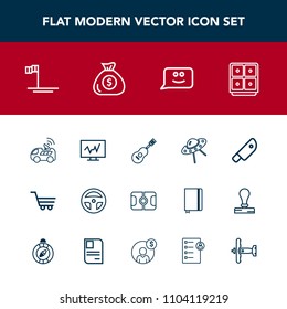 Modern, simple vector icon set with cut, ufo, pitch, technology, food, equipment, navigation, guitar, tool, vehicle, doctor, football, bank, stadium, finance, shop, sound, spacecraft, cart, safe icons