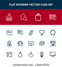 Modern, simple vector icon set with oar, mobile, tomato, employer, music, diagnostic, vehicle, medical, oven, dumper, people, love, uniform, communication, present, chief, gift, food, job, water icons